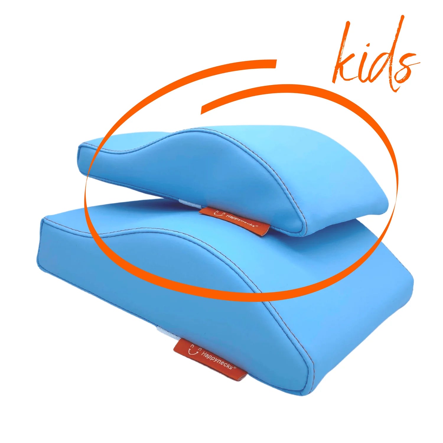 A compact dolphin-blue cushion specifically designed for children, providing proper support and comfort with ergonomic features. Over white background. 