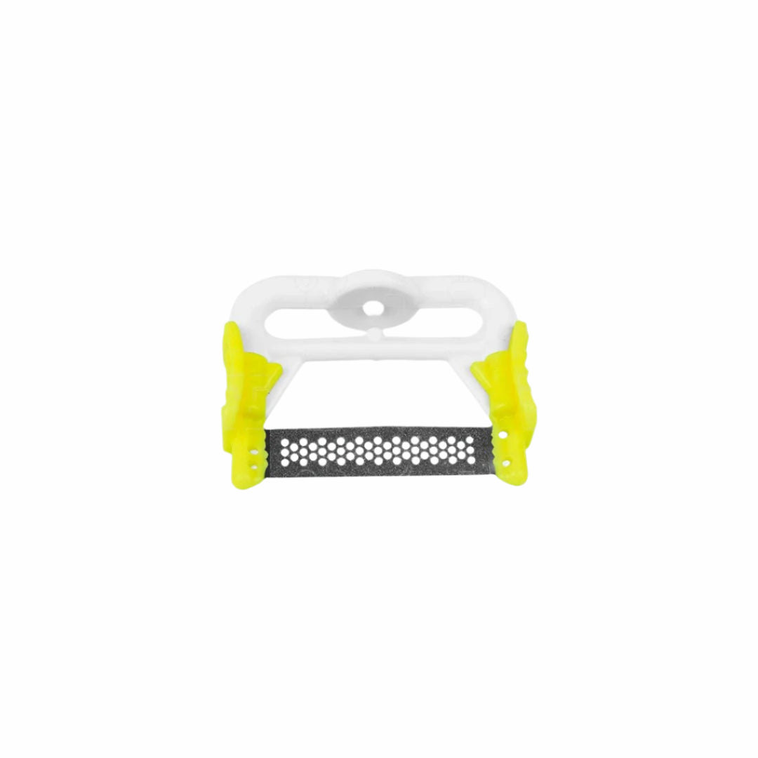 Yellow-handled polishing strip system featuring a perforated metal strip for cement removal and stripping, designed for precise dental procedures.