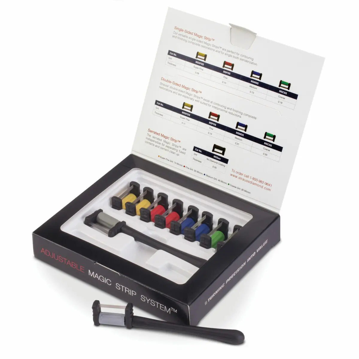 Adjustable Magic Strip System Introduction Kit by Strauss, featuring an organized tray with ten color-coded strips of various grit sizes and two ergonomic adjustable handles in a sleek black box. The innovative design is ideal for restorative dentistry procedures