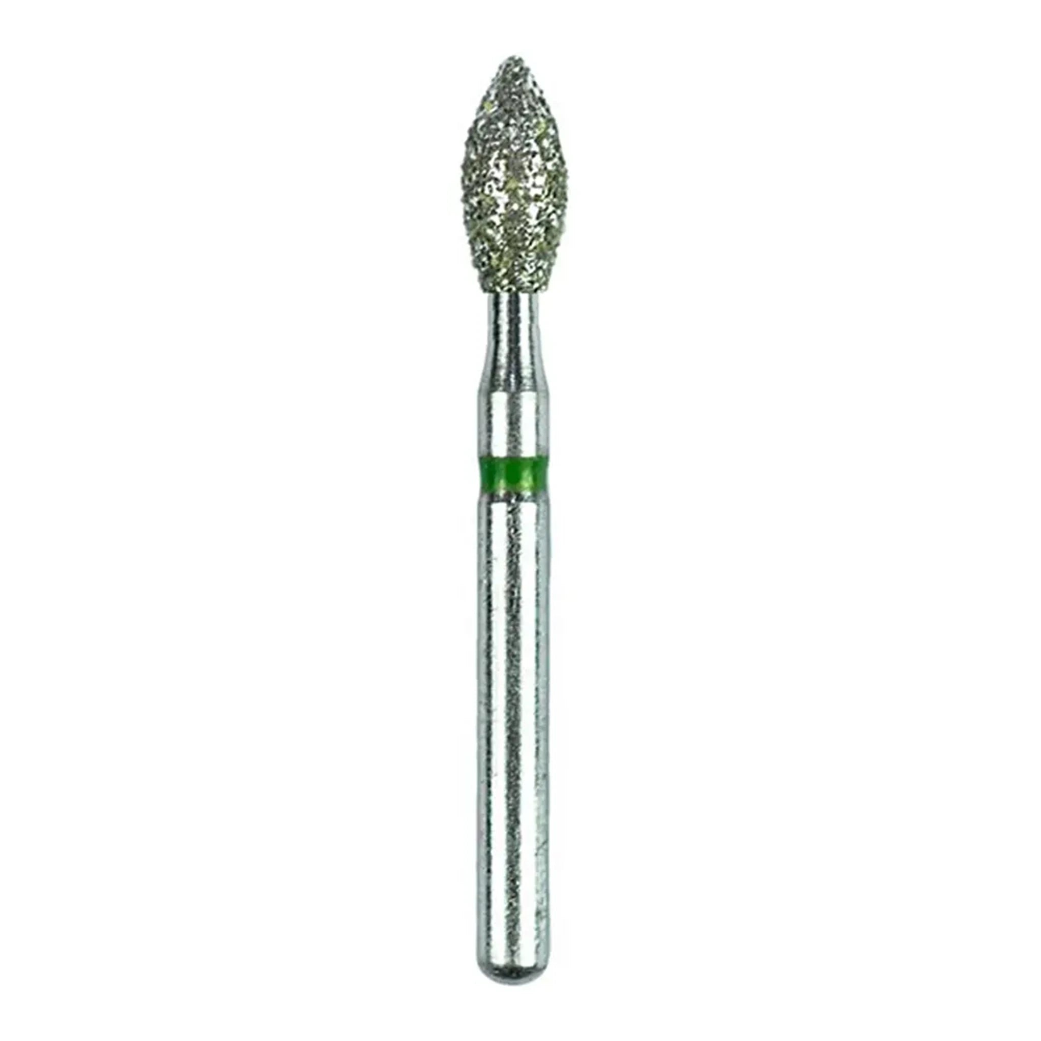 A diamond-coated dental bur with a football-shaped tip, used for precise crown preparation and contouring in dentistry.