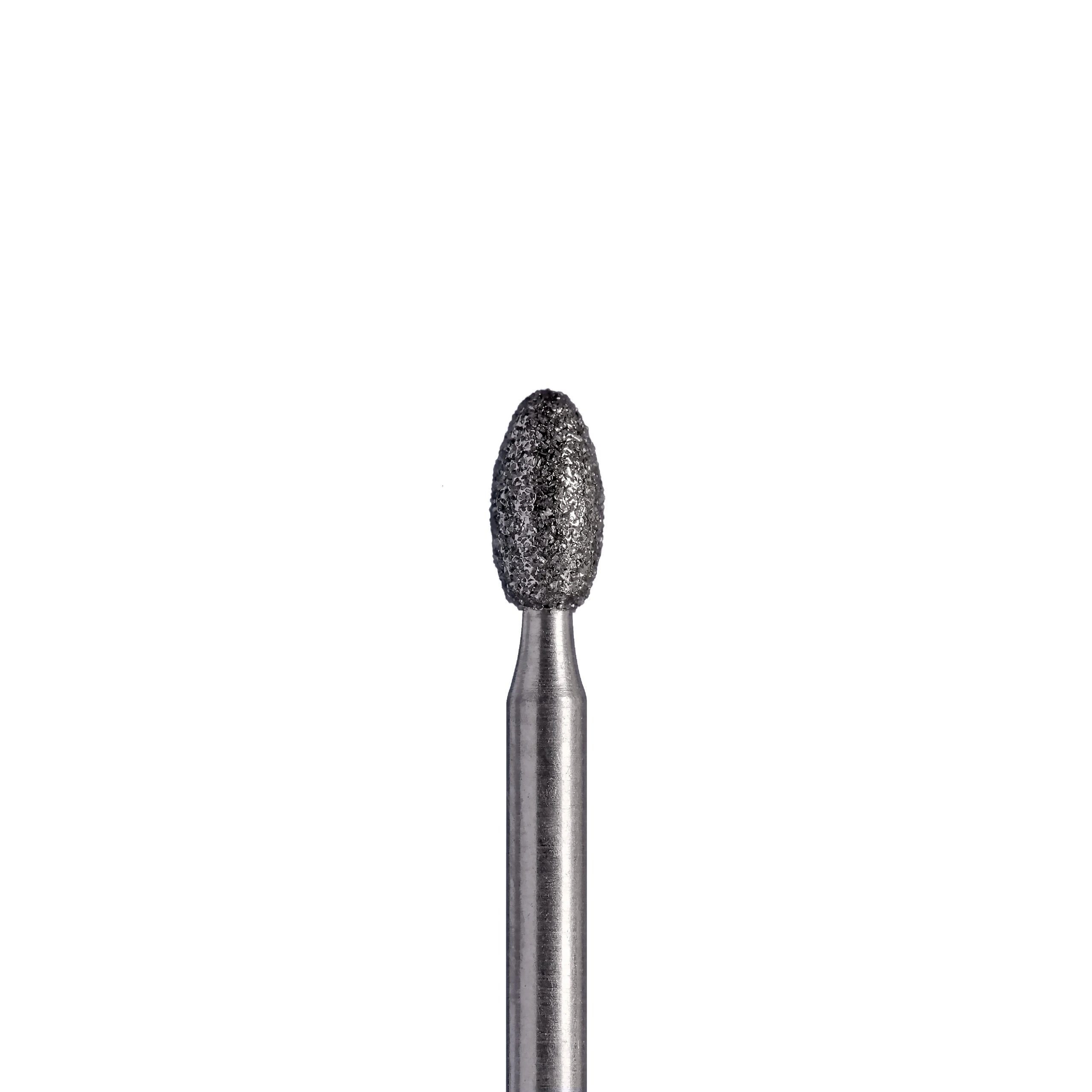 Crown prep bur with a football shape, featuring medium diamond grit, designed for efficient removal of tooth structure and precise shaping of dental restorations.