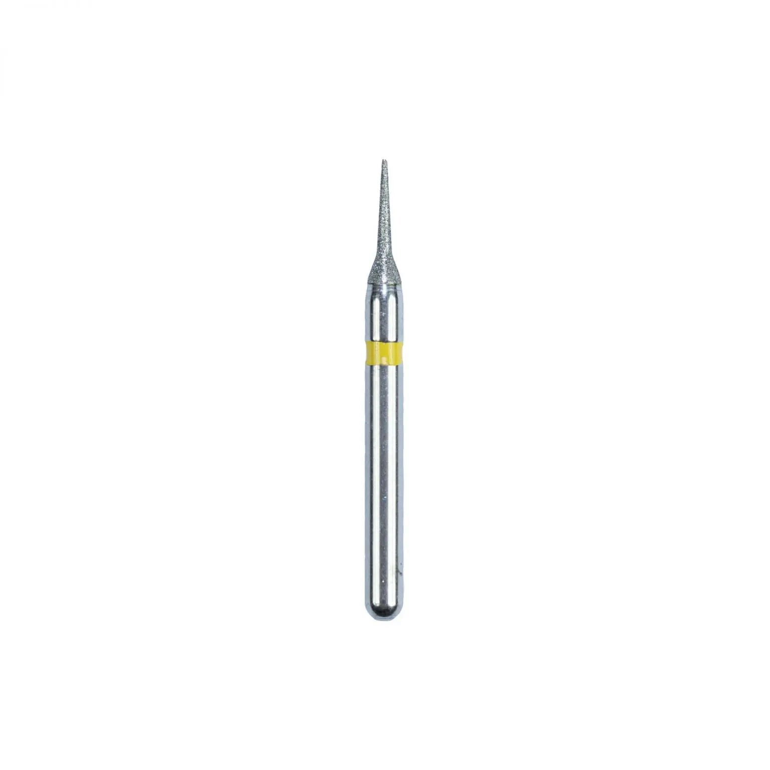 Close-up of J10 Diamond-Coated Interproximal Reduction Bur with Yellow Ring for Super Fine Grit applications.