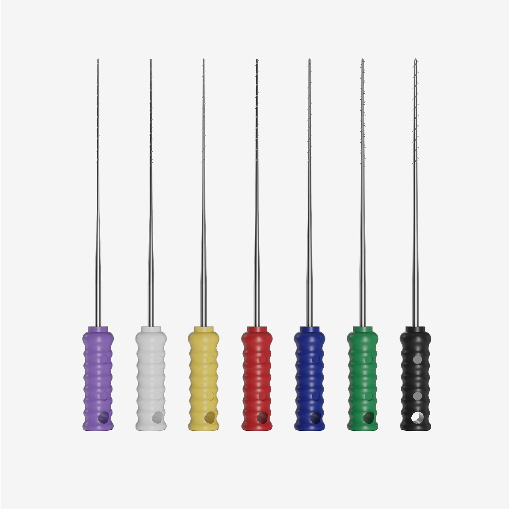 Set of assorted barbed broaches with ergonomic, color-coded handles (purple, white, yellow, red, blue, green, black) and stainless steel shafts, designed for the extirpation of pulp tissue during root canal treatments, with a standard length of 25mm.