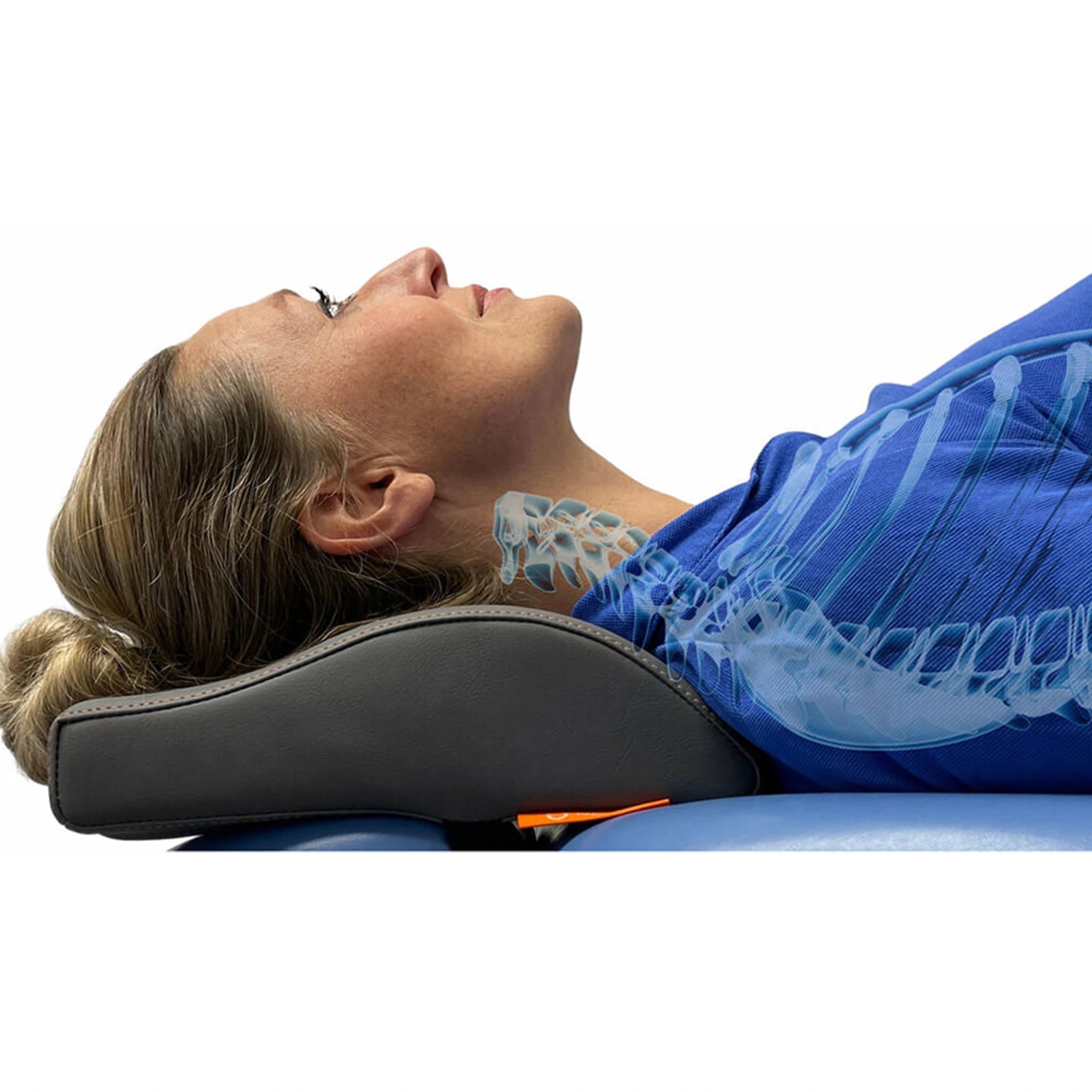 A person comfortably lying back on a green ergonomic cushion, demonstrating its effective neck and spine support. Over grey background