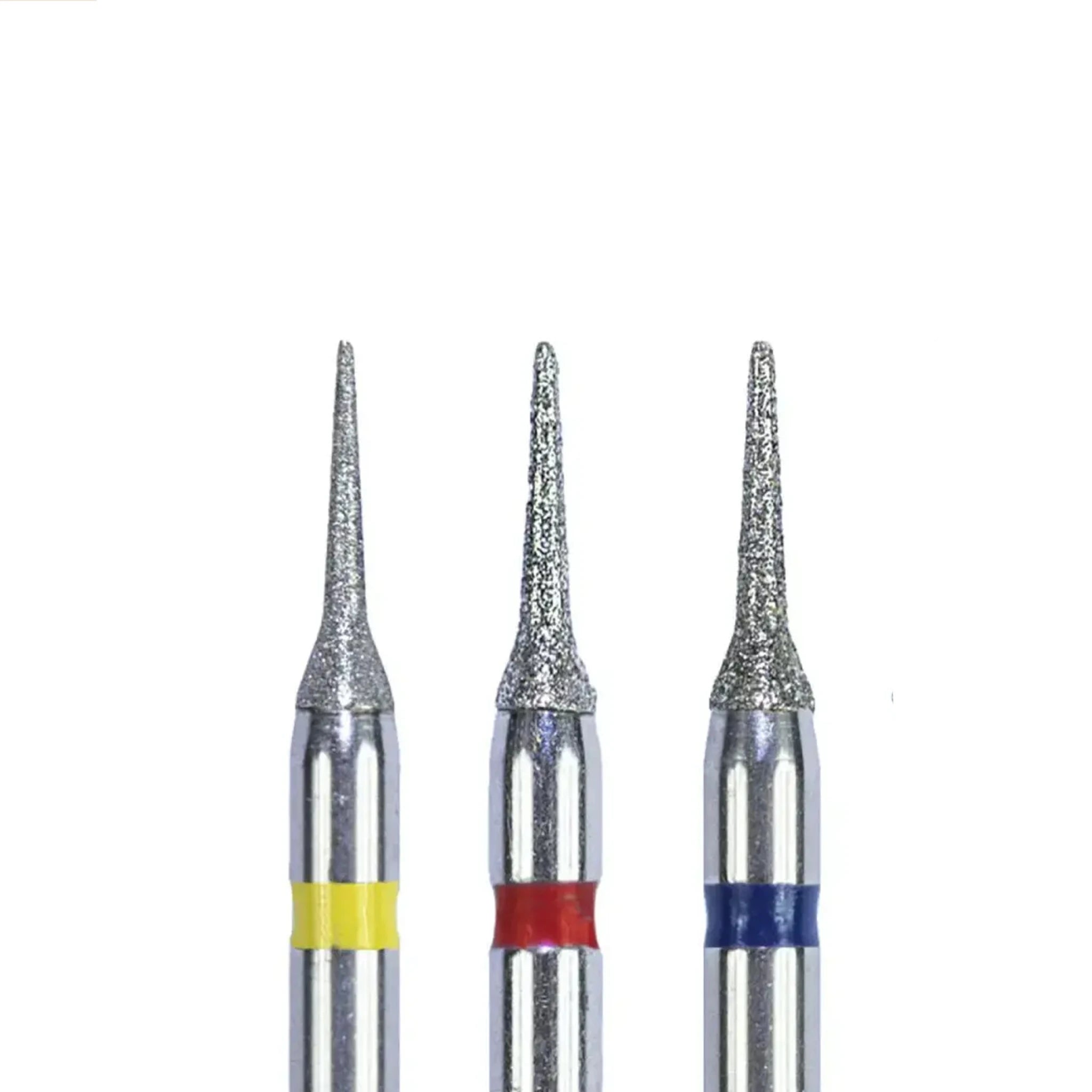 Three J10 Diamond-Coated Interproximal Reduction Burs with Yellow (Super Fine Grit), Red (Fine Grit), and Blue (Medium Grit) rings.