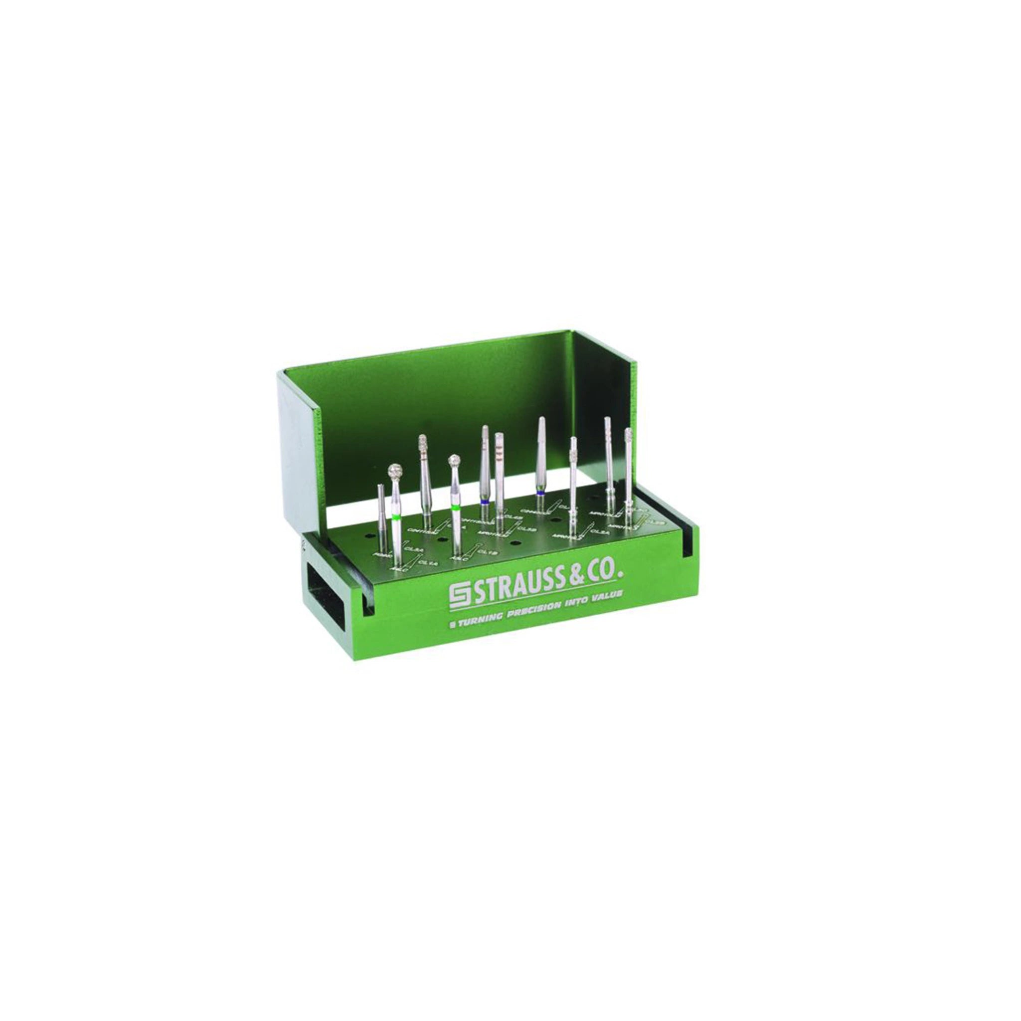 A green Strauss-branded Crown Lengthening Bur Kit containing multiple diamond and carbide burs arranged neatly in slots with engraved labels for each bur type. The kit is designed for precise and predictable crown lengthening procedures.