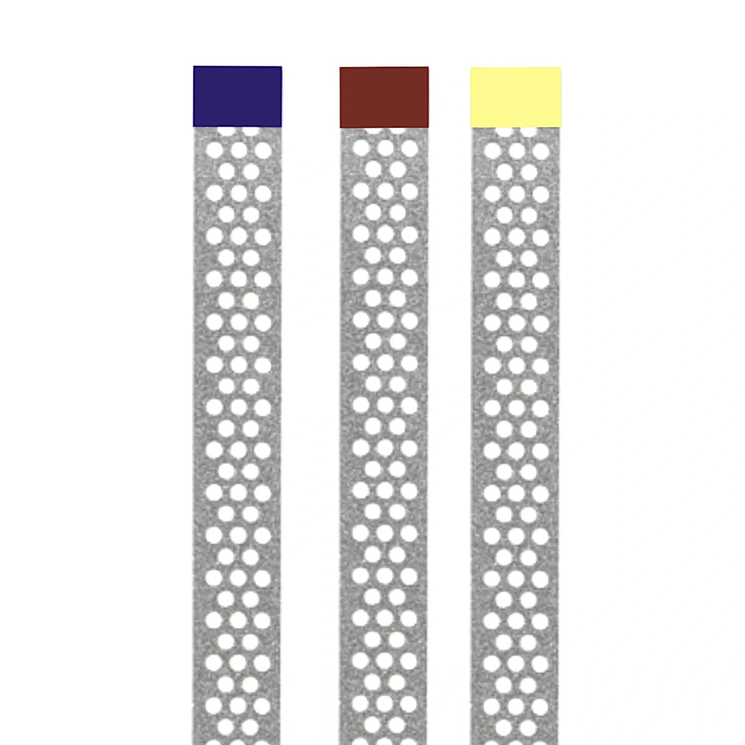 Three perforated diamond strips in varying grits, featuring distinct colored ends (blue, red, and yellow) for easy identification. The perforations enhance flexibility and visibility during dental procedures, providing effective interproximal finishing and polishing.