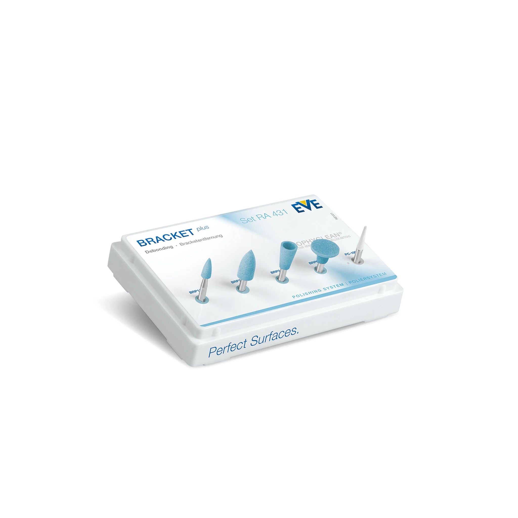 EVE BRACKET PLUS Set RA 431 complete kit with five blue and white polishers, arranged in a white display case labeled with product details. Designed for adhesive removal post-bracket debonding