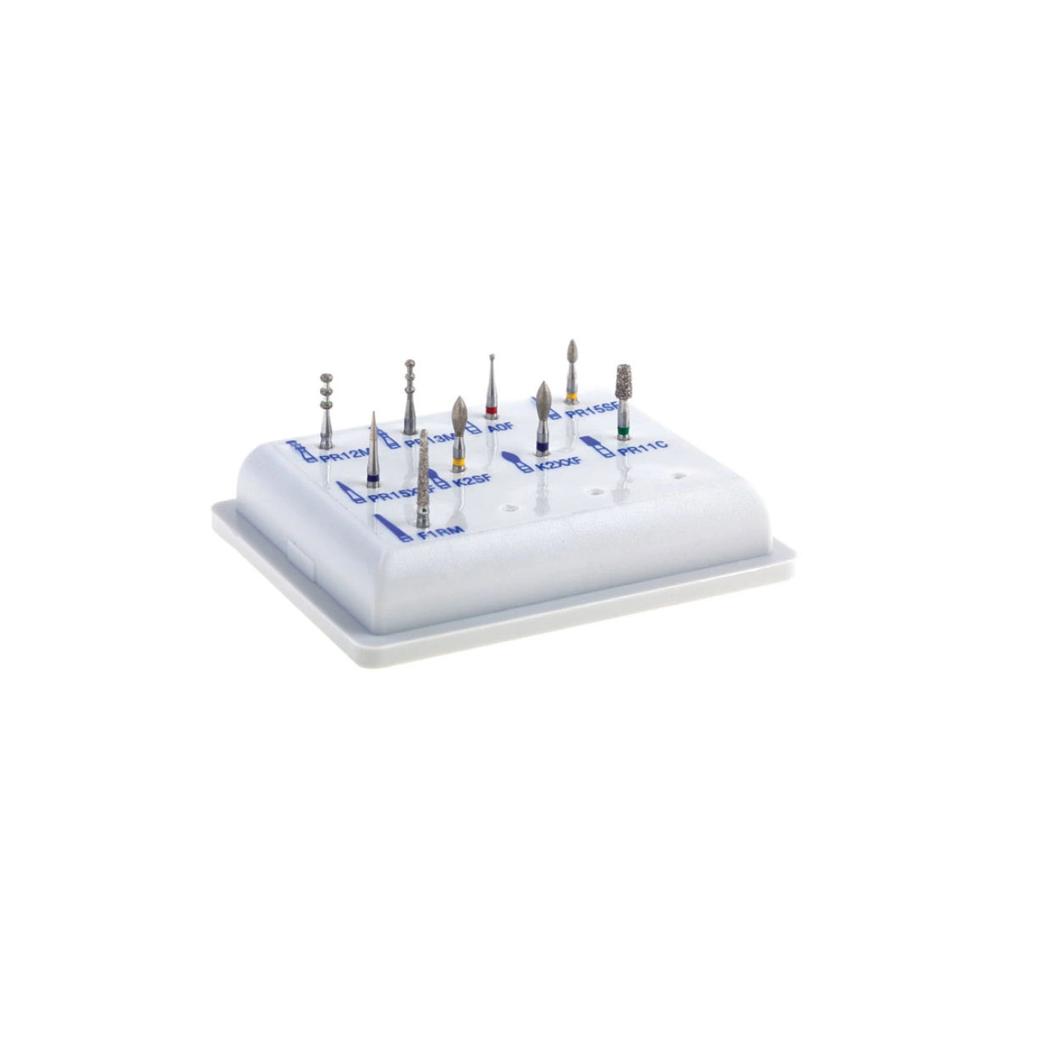 An endodontic bur kit containing 11 specialized burs, displayed on a white holder labeled with their respective applications. Designed for precise canal access, composite polishing, and metal post removal, ensuring safe and efficient dental procedures.