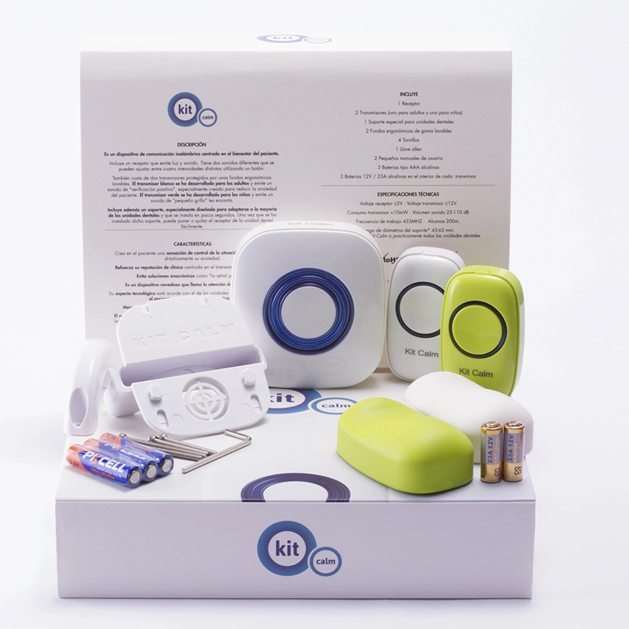 A complete Kit Calm set, including a white wireless receiver, two green transmitters (one for adults and one for children), a mounting bracket, batteries, and additional accessories. The box displays product details and technical specifications, designed to enhance patient communication and reduce anxiety during dental procedures. The background is white, emphasizing the clean and modern design of the components.