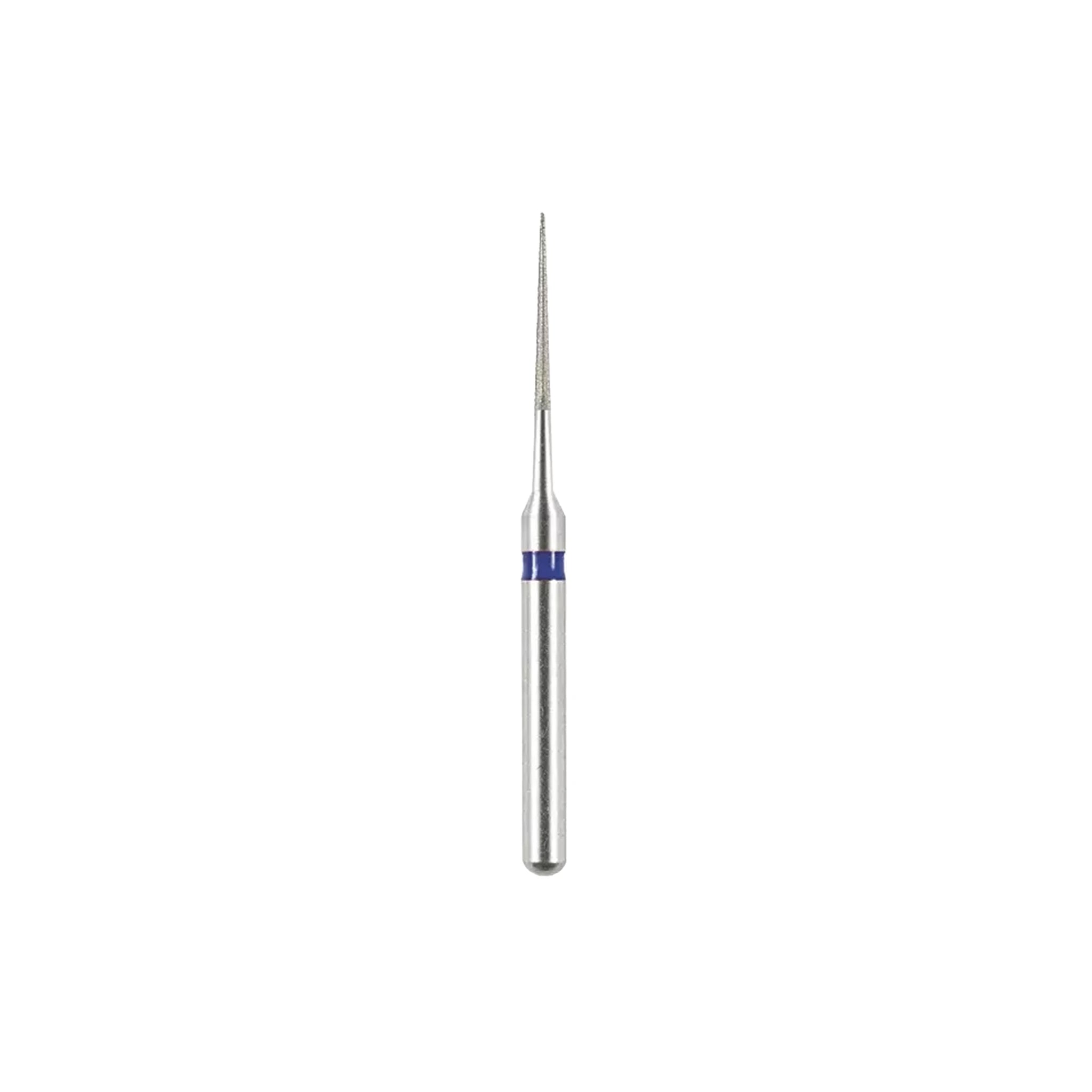 Close-up view of the E11S/PF Diamond Needle Bur featuring a blue marking, designed for precise interproximal reduction with a 0.65mm diameter tip and fine grit. Ideal for orthodontic and restorative dental procedures.