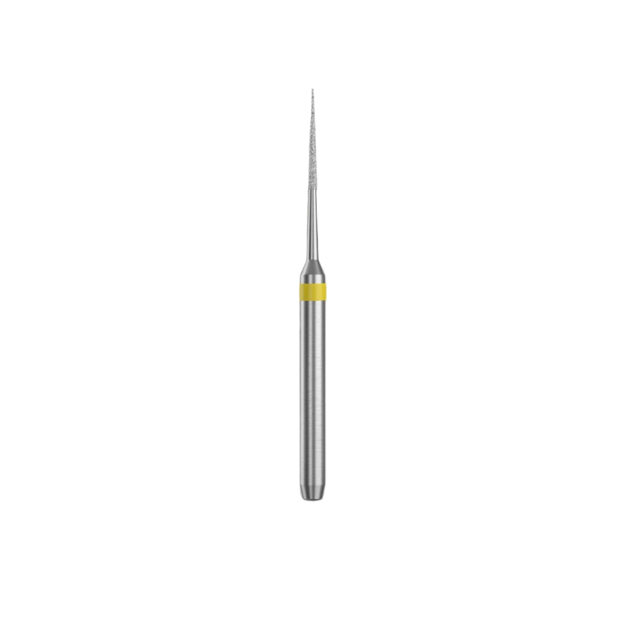 Close-up view of the E11S/SF Diamond Needle Bur featuring a yellow marking, designed for precise interproximal reduction with a 0.55mm diameter tip and super fine grit. Ideal for orthodontic and restorative dental procedures.