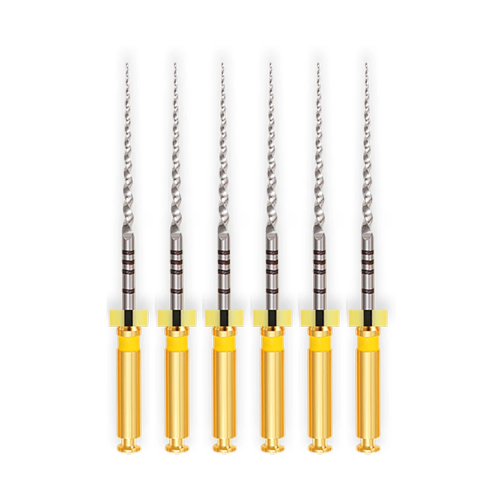 Set of six PT Super Files T1 (F1) with yellow handles and gold shanks, designed for shaping the middle third of root canals, offering enhanced flexibility and cyclic fatigue resistance.