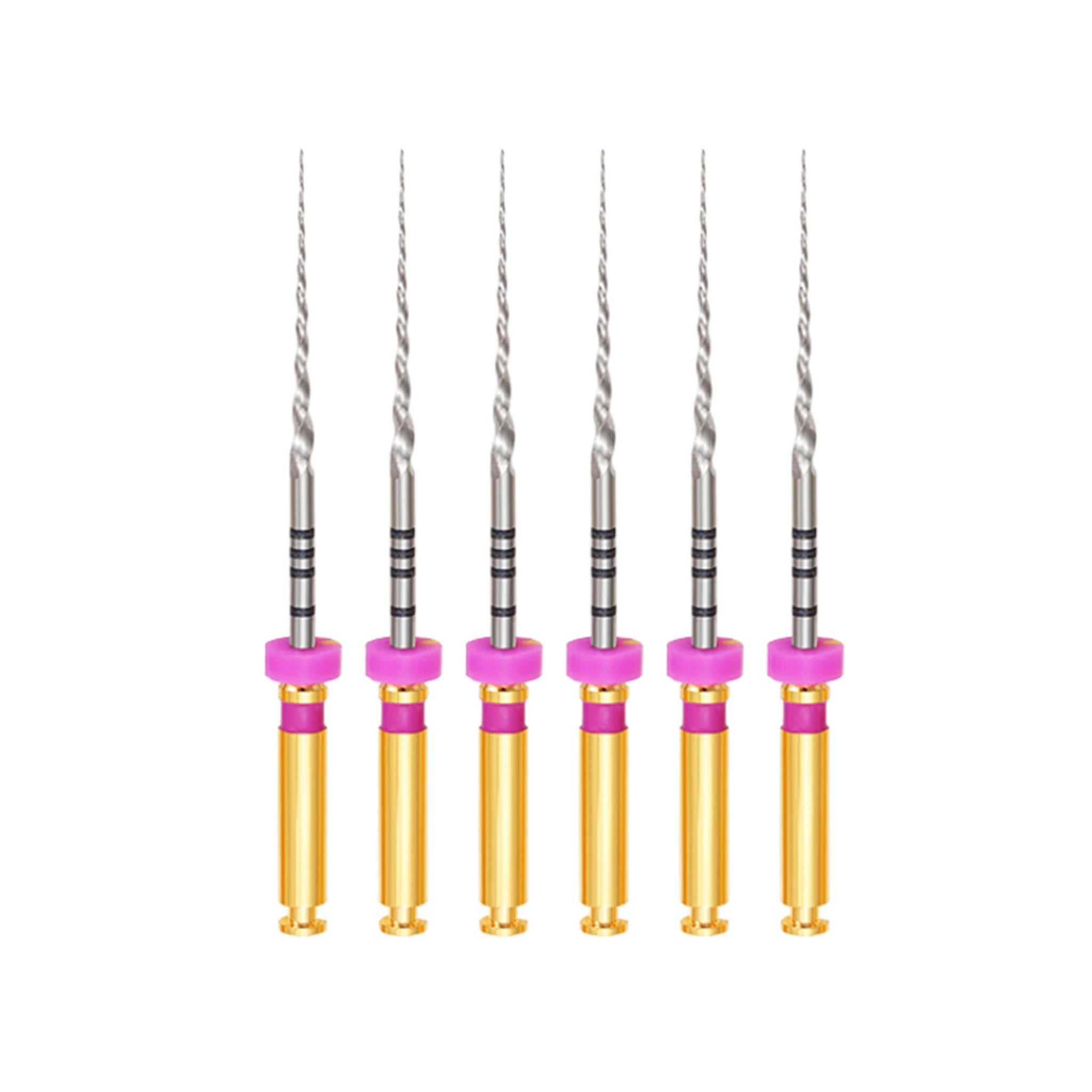 Set of six PT Super Files V1 (S1) with pink handles and gold shanks, featuring flexible nickel-titanium construction for shaping the coronal third of root canals, with heat-treated design for durability and flexibility