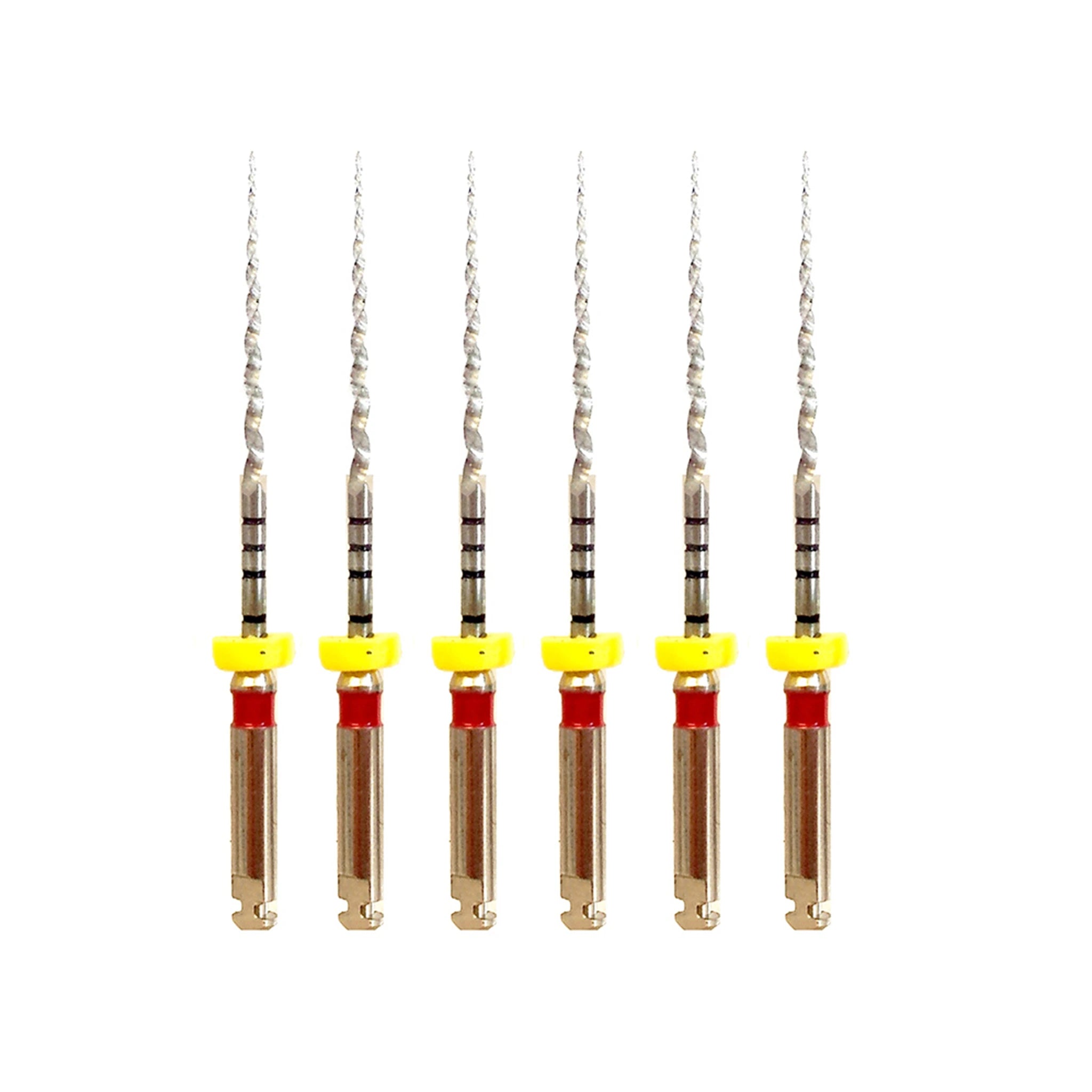 Set of six PT Super Files T2 (F2) with red and yellow handles, ideal for shaping the apical third of root canals, providing precision and safety for the final preparation step."