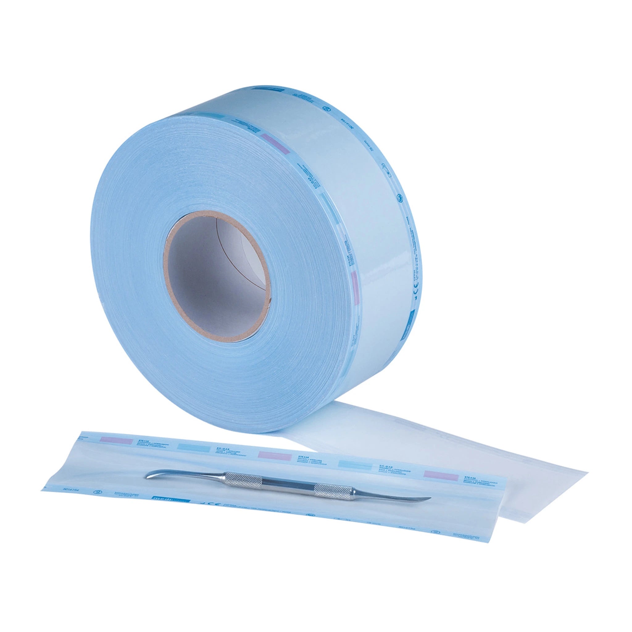 A blue sterilization roll is displayed alongside a sealed dental instrument in a transparent sterilization pouch. The roll is designed for creating custom-sized pouches to maintain the sterility of medical or dental tools. The background is white, highlighting the durable and hygienic design of the roll and pouch.