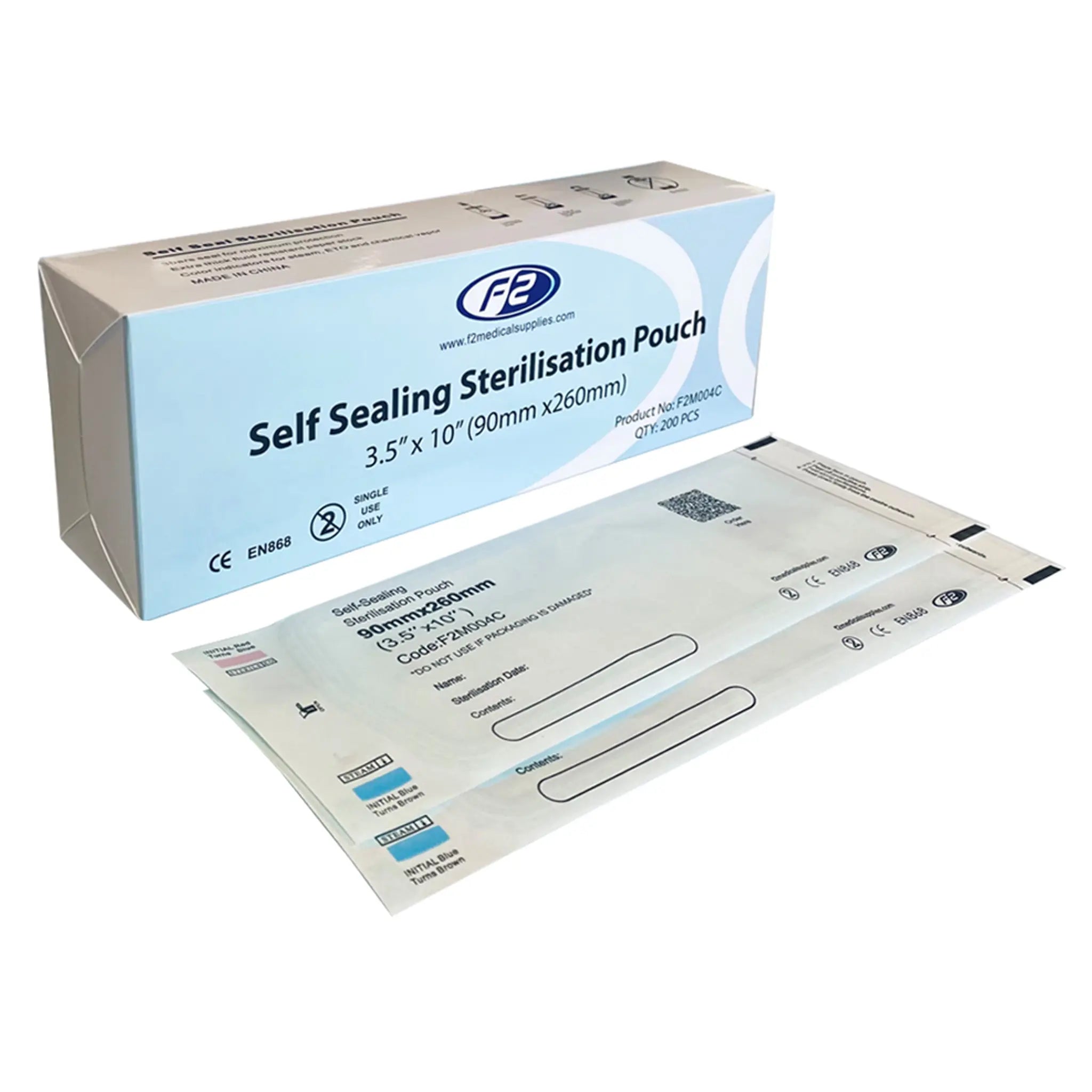 A box of self-sealing sterilization pouches labeled "F2 Self Sealing Sterilisation Pouch" is displayed, along with two individual pouches placed in front of the box. The pouches feature a blue-tinted transparent window and a white adhesive strip for secure sealing. The product is marked as CE-certified and intended for single use, ensuring the sterility of medical or dental instruments. The background is white.