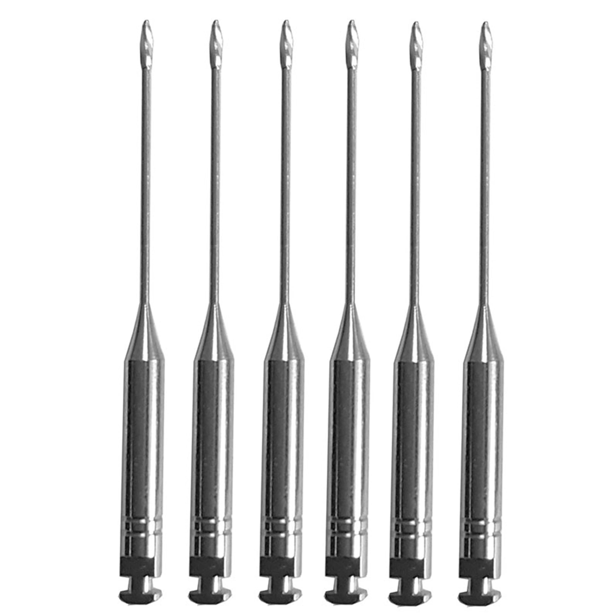 Set of six stainless steel Gates Glidden Drills, Size 2, designed for coronal flaring and canal shaping during root canal therapy, with 28mm length.