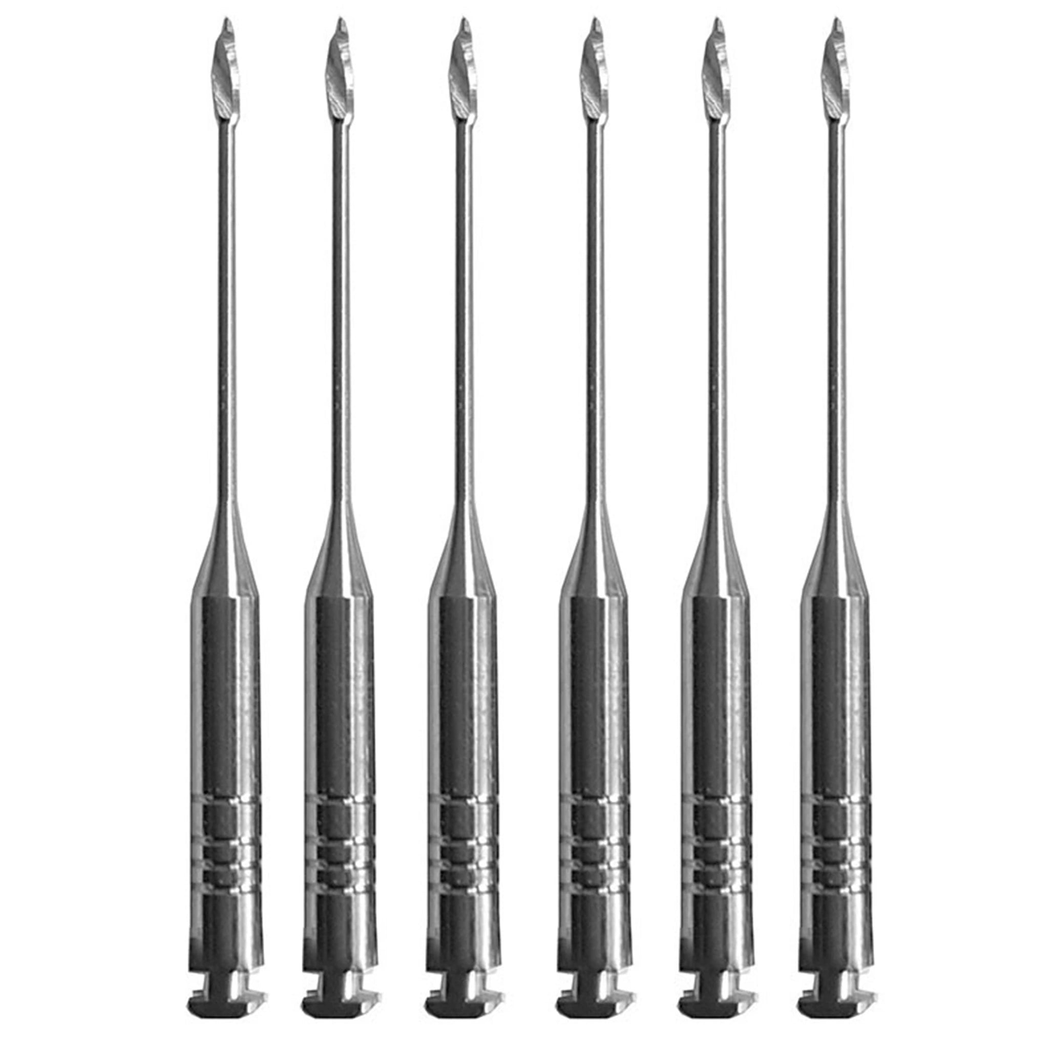 Set of six stainless steel Gates Glidden Drills, Size 4, suitable for preparing wide canals and post space creation, with a length of 28mm.