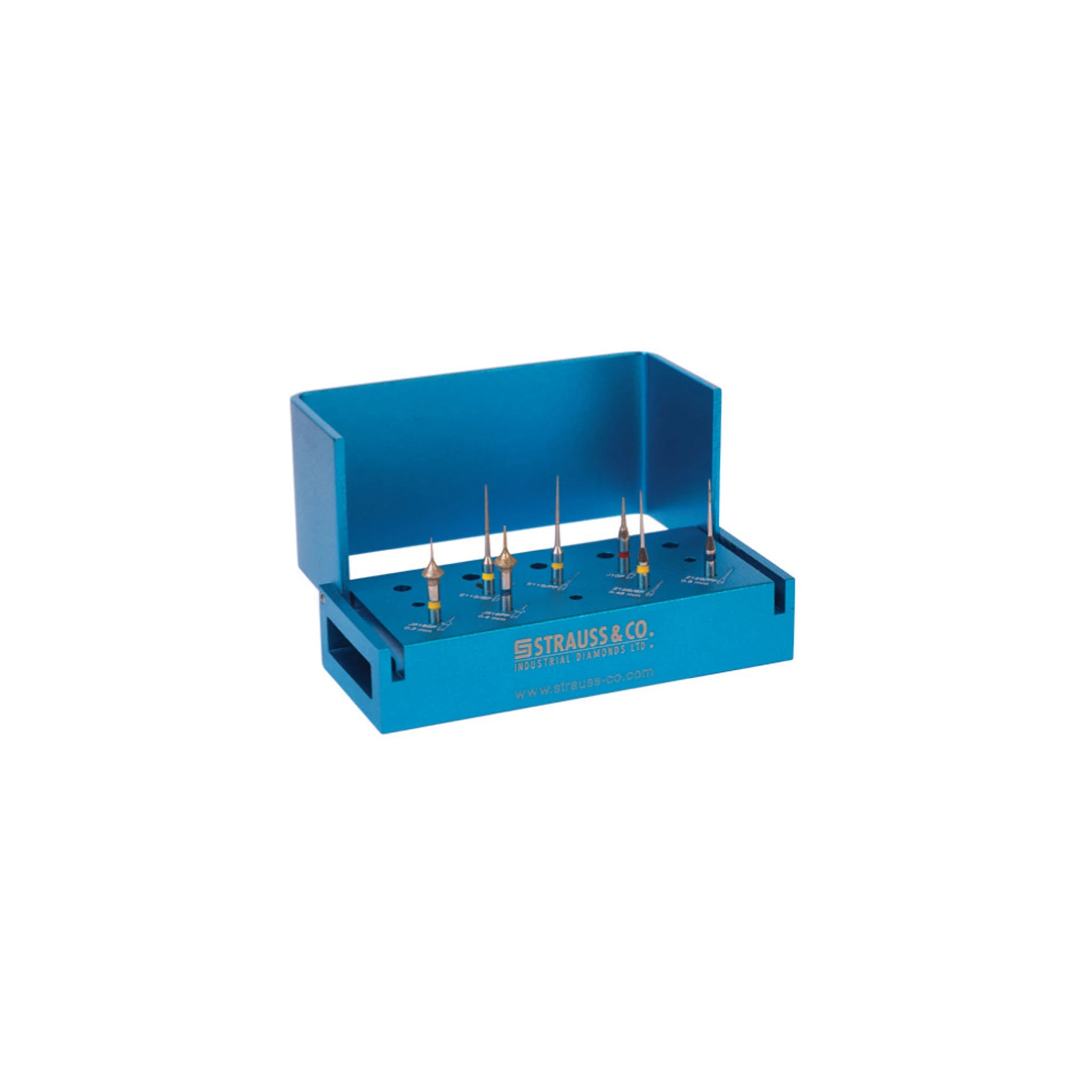 Strauss & Co. Interproximal Reduction Kit (IPRKIT1) featuring a blue bur holder with a curated selection of diamond burs, specifically designed for precise tooth slenderizing and contouring in IPR procedures.