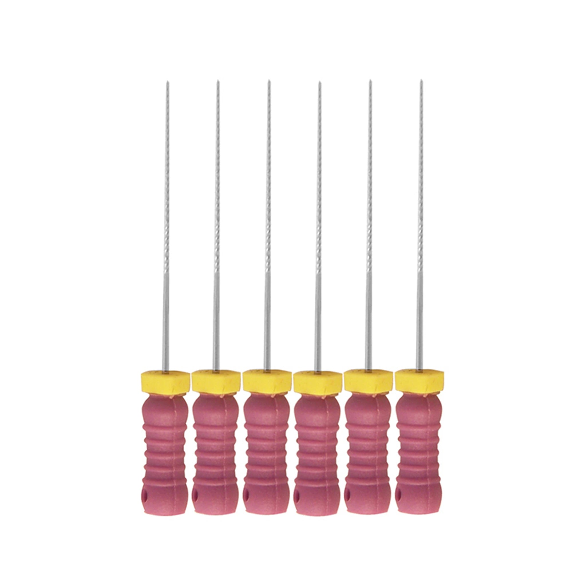 Set of six K Flexi Files, Size 10, featuring pink ergonomic handles with yellow ISO color-coded caps and stainless steel files, designed for cleaning and shaping root canals with a length of 25mm.