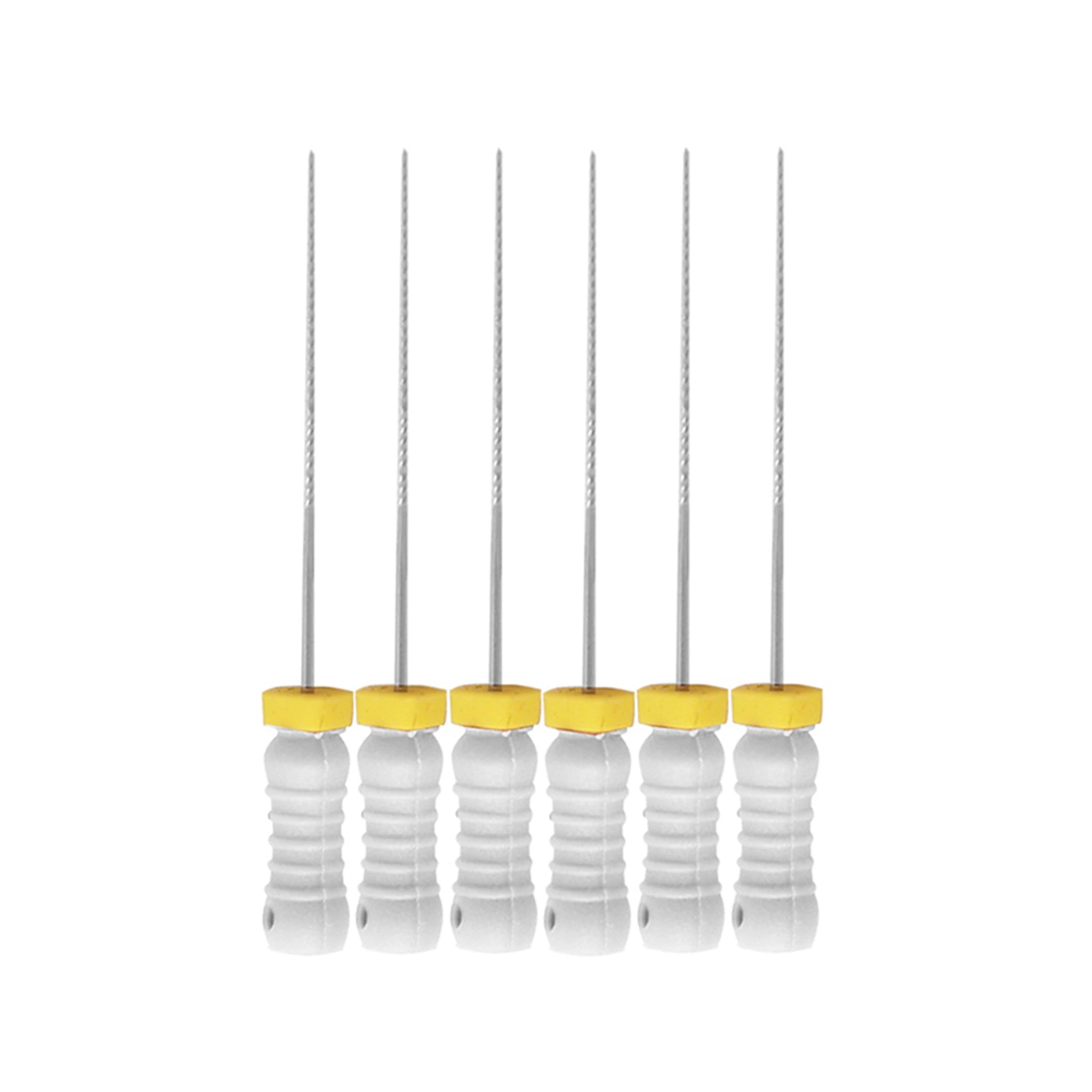 Set of six K Flexi Files, Size 15, featuring white ergonomic handles with yellow ISO color-coded caps and stainless steel files, designed for cleaning and shaping root canals with a length of 25mm.