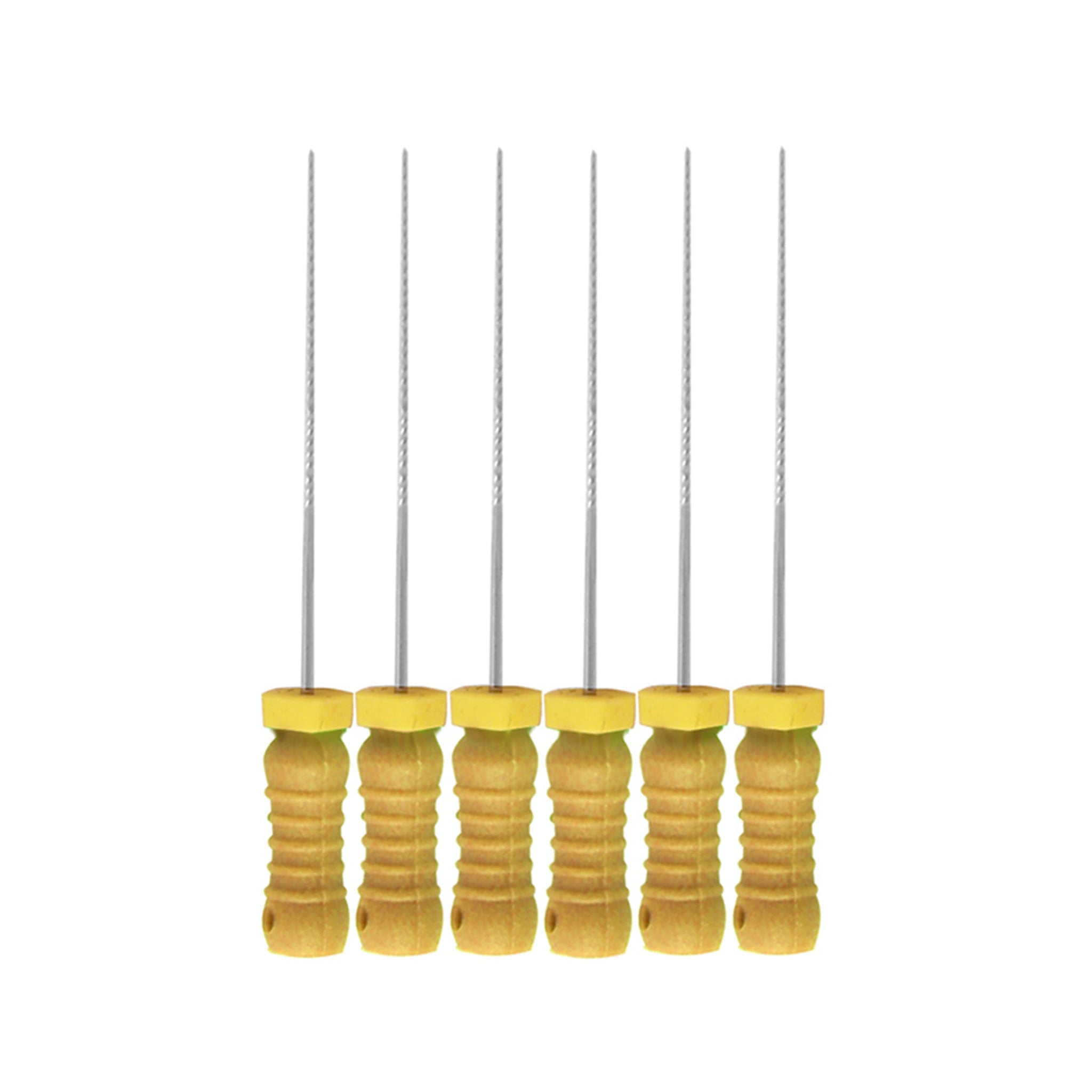 Set of six K Flexi Files, Size 20, featuring yellow ergonomic handles with yellow ISO color-coded caps and stainless steel files, designed for cleaning and shaping root canals with a length of 25mm.