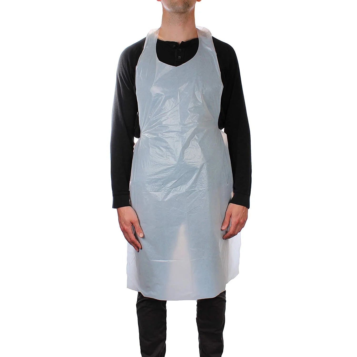 A clear disposable plastic apron is shown, designed for single-use purposes to maintain hygiene and protect clothing from spills or contamination. The apron features a neck loop and ties at the waist for a secure fit. Over white background