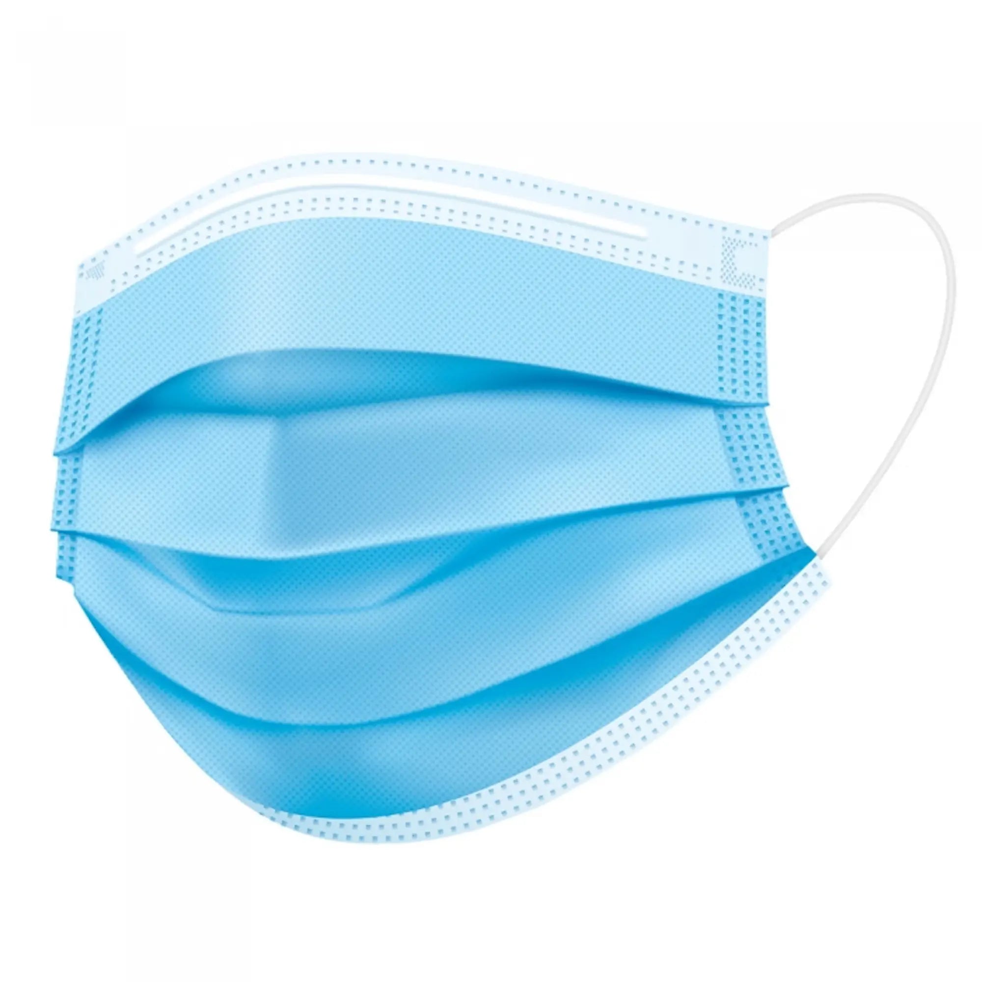 A close-up image of a blue disposable surgical face mask with elastic ear loops, featuring a pleated design for adjustable fit and a three-layer construction for filtration and comfort. The item is over white background.