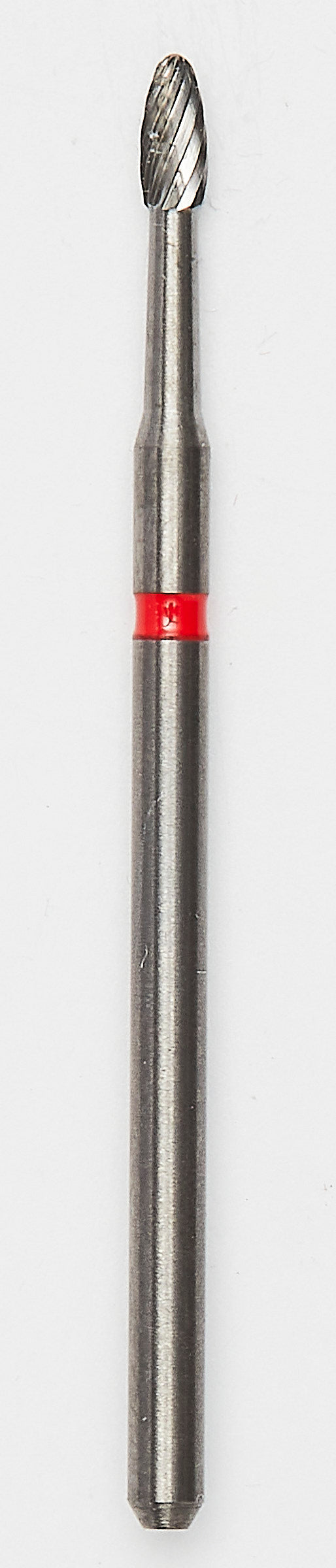 Egg-shaped bur with a red ring, featuring an enhanced cutting edge for effective titanium surface smoothing and treatment of peri-implantitis while maintaining patient safety.