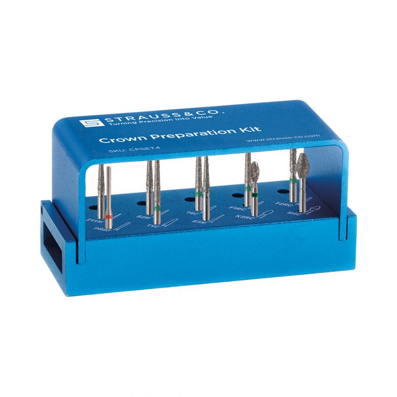 Strauss & Co. Crown Preparation Kit featuring 10 diamond burs in a blue autoclavable bur block, designed for precise and efficient crown preparation procedures.